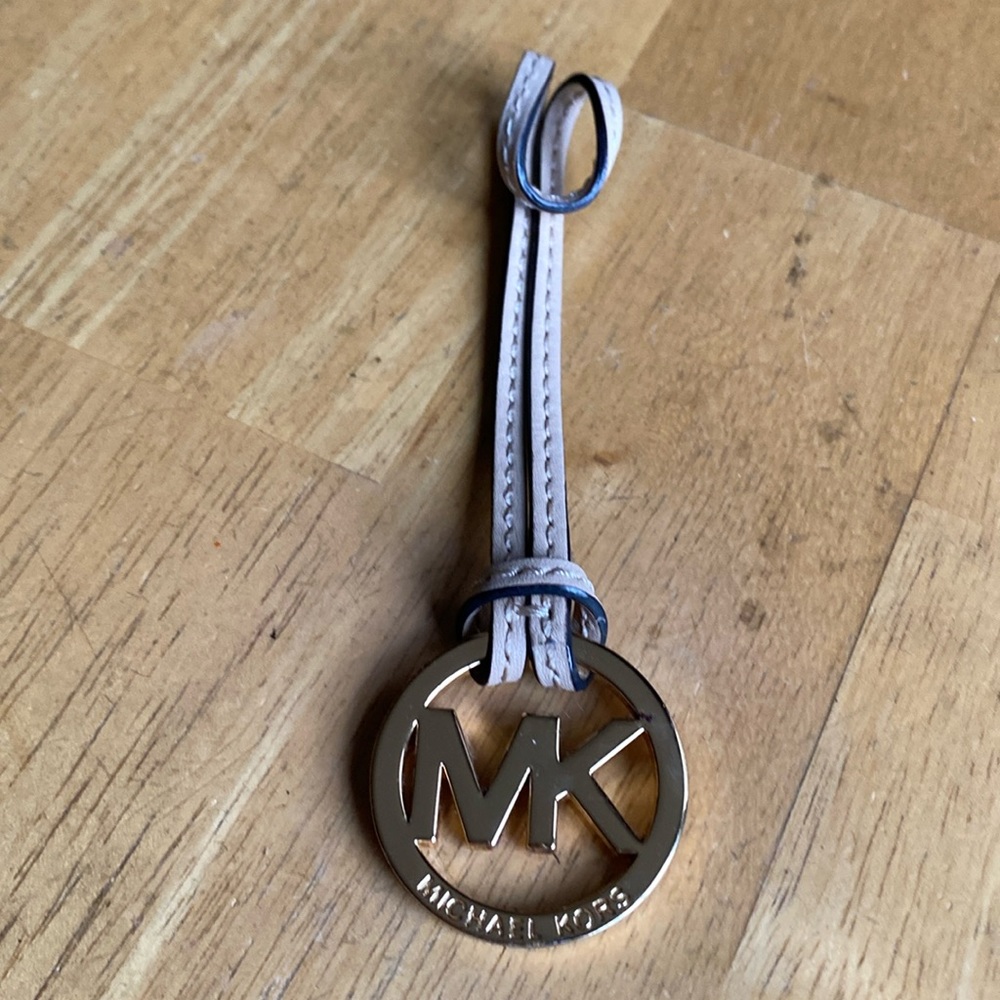 MICHAEL KORS Gold Handbag Charm MK Logo Leather Stitched Strap